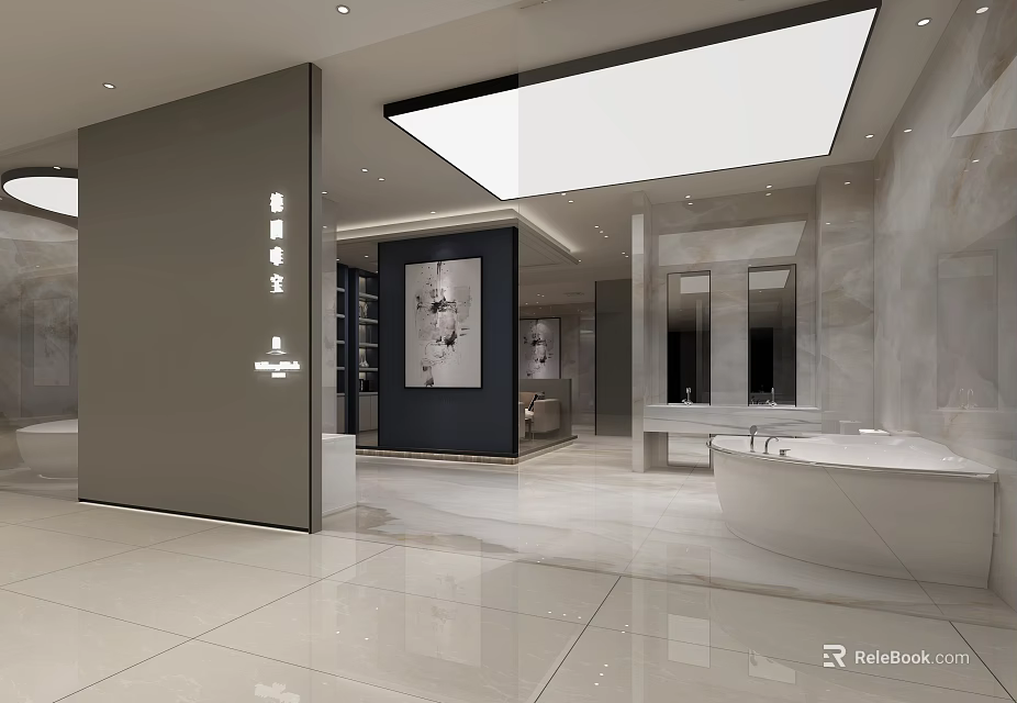 Elegant Modern Bathroom Showroom Interior Design With Freestanding Bathtub And Vanity 3d model 