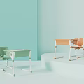 Modern School Classroom Interior With Green And Orange Desks And Chairs Setup 3d model