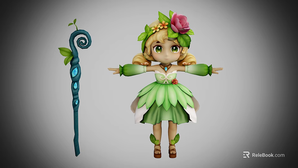 Woman Wearing Green Leaf Decorated Dress With Flower Headpiece Holding Magic Staff 3d model 