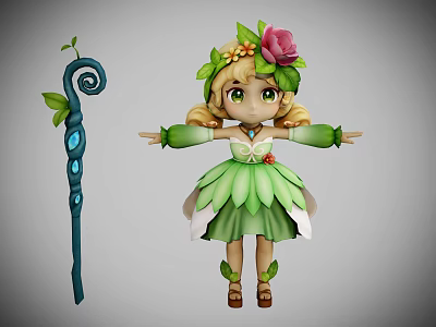 Woman Wearing Green Leaf Decorated Dress With Flower Headpiece Holding Magic Staff 3d model