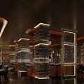 Luxurious Restaurant Interior With Circular Ceiling Design Red Sofa And Waterfall Screen