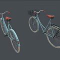 Two Light Blue Bicycles With Orange Seats And Black Front Baskets
