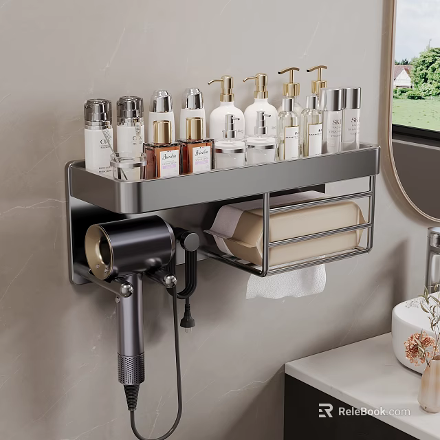 Practical Bathroom Wall Mounted Shelf With Toiletries Bottles Hair Dryer and Tissue Holder 3d model 