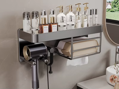 Practical Bathroom Wall Mounted Shelf With Toiletries Bottles Hair Dryer and Tissue Holder 3d model