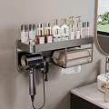 Practical Bathroom Wall Mounted Shelf With Toiletries Bottles Hair Dryer and Tissue Holder