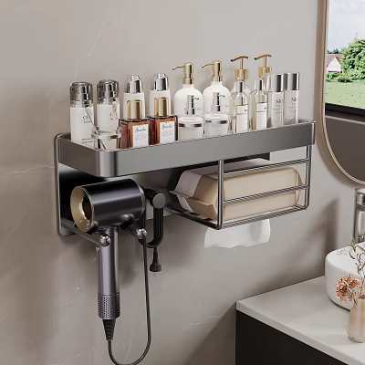 Practical Bathroom Wall Mounted Shelf With Toiletries Bottles Hair Dryer and Tissue Holder 3d model
