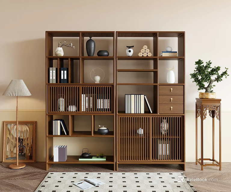 Wooden Display Shelf Featuring Books And Decorative Pieces 3d model 