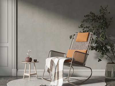 Cozy Woven Rocking Chair With Orange Cushion And Blanket Near Small Wooden Table Green Plant Gray Wall 3d model