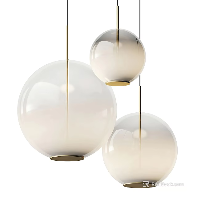 Three Spherical White Translucent Pendant Lights With Gold Base Hanging Modern Design 3d model 