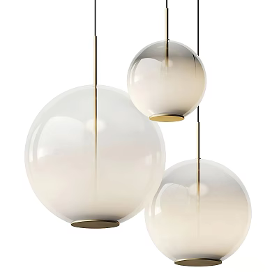 Three Spherical White Translucent Pendant Lights With Gold Base Hanging Modern Design 3d model