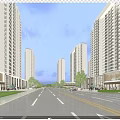 Modern Residential Buildings with Pedestrians Vehicles Street Lights and Shops Along Urban Street