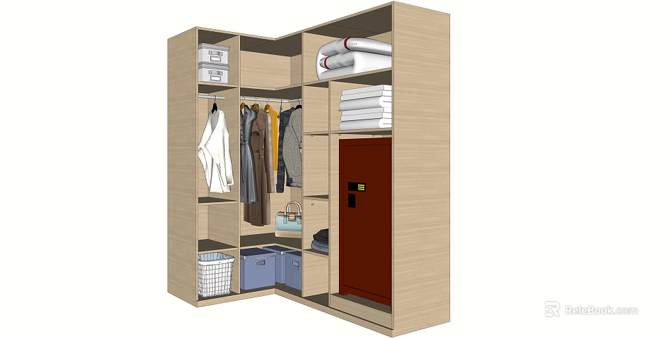 Modern Wooden Wardrobe Interior With Hanging Clothes Folded Towels Storage Boxes And Basket 3d model 