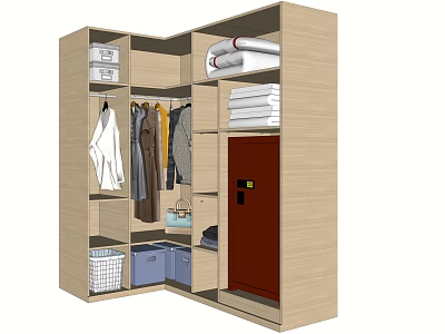 Modern Wooden Wardrobe Interior With Hanging Clothes Folded Towels Storage Boxes And Basket 3d model