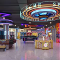 Vibrant Arcade Amusement Area With Neon Lights Gaming Machines Graffiti Signage And Shiny Floor
