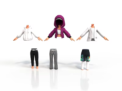 Clothing Mannequins Display With Hoodies Jackets And Striped Patterned Pants Shorts 3d model