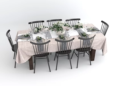 Stylish Dining Table Set with Black Chairs Light Tablecloth and Green Plant Decorations 3d model