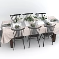 Stylish Dining Table Set with Black Chairs Light Tablecloth and Green Plant Decorations