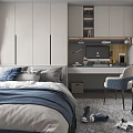 Modern Tatami Bedroom Interior With White Wardrobes Desk Chair And Window Curtains