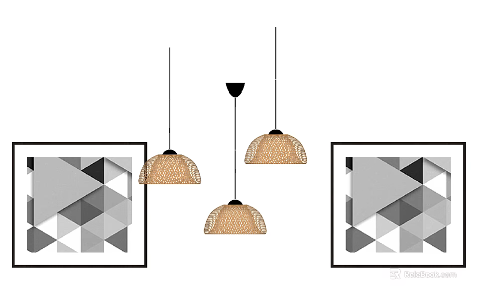 Rattan Pendant Lights Hanging In Interior Space With Geometric Wall Art Decorations 3d model 
