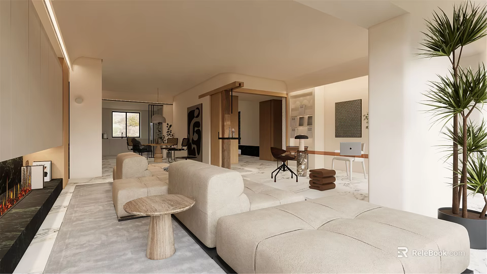 Modern Minimalist Living and Dining Room With Beige Sofas Round Coffee Table And Open Layout 3d model 
