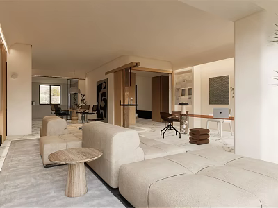 Modern Minimalist Living and Dining Room With Beige Sofas Round Coffee Table And Open Layout 3d model