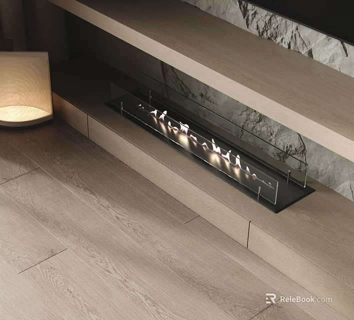 Modern Built In Fireplace In Minimalist Space With Stone Wood And Lighting 3d model 
