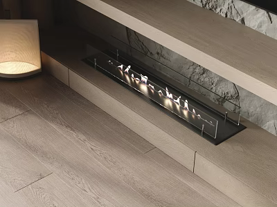 Modern Built In Fireplace In Minimalist Space With Stone Wood And Lighting 3d model