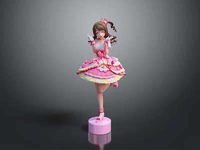 Standing Cartoon Character Doll With Pink Ruffled Dress Brown Hair Bowknot And Pink Base 3d model