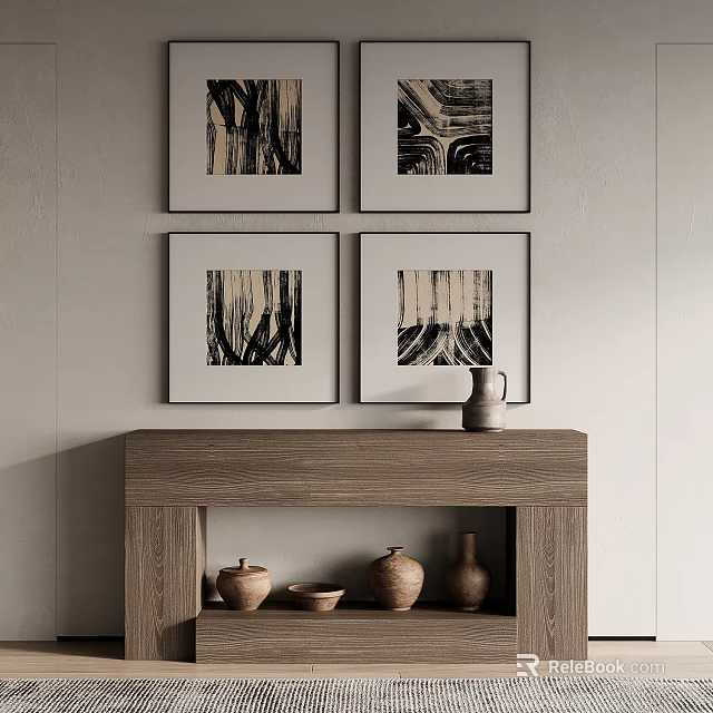Four Framed Artworks Hanging Above Wooden Console Table With Ceramic Pots And Bowl 3d model 