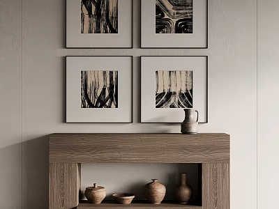 Four Framed Artworks Hanging Above Wooden Console Table With Ceramic Pots And Bowl 3d model