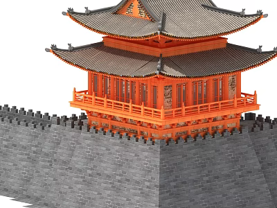 Ancient Chinese Architecture Featuring Three Story Tower Orange Exterior And Gray City Wall 3d model