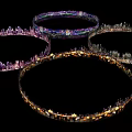 Four Glowing Circular Artistic Installations With Purple Blue Gold Hues And Reflections On Dark Background