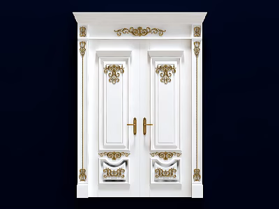 Elegant White Double Doors With Intricate Gold Carvings And Classical Design 3d model