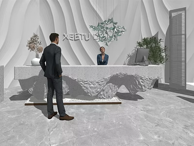 Modern Reception Desk With Marble Top And Wavy White Wall Green Plants Visitor And Receptionist 3d model