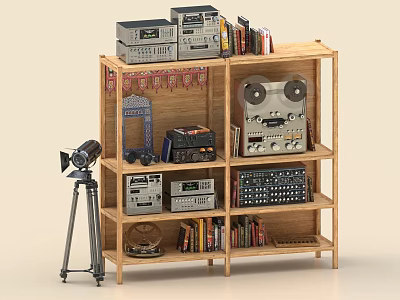 Vintage Electronic Devices Arranged on Wooden Shelf with Tape Reels Radio Camera Tripod and Books 3d model