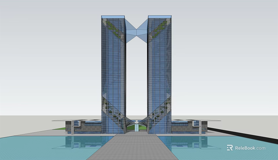 Modern Twin Office Towers With Glass Facade Connecting Structure Waterfront And Greenery 3d model 