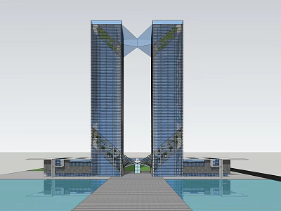 Modern Twin Office Towers With Glass Facade Connecting Structure Waterfront And Greenery 3d model