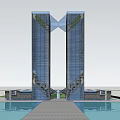 Modern Twin Office Towers With Glass Facade Connecting Structure Waterfront And Greenery