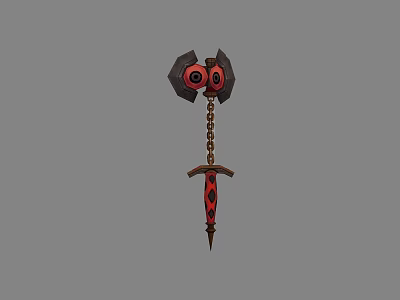 Ornate Double Axe Weapon With Chain Red Black Sword And Eye Design Patterns 3d model