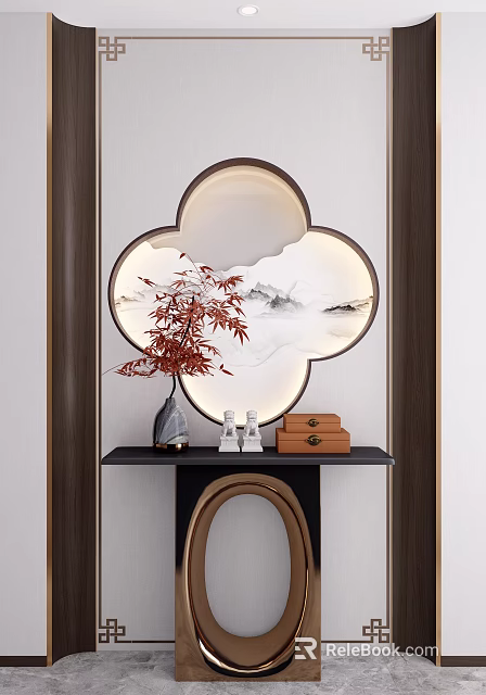 Chinese Style Console Table With Red Maple Vase And Landscape Decorative Mirror 3d model