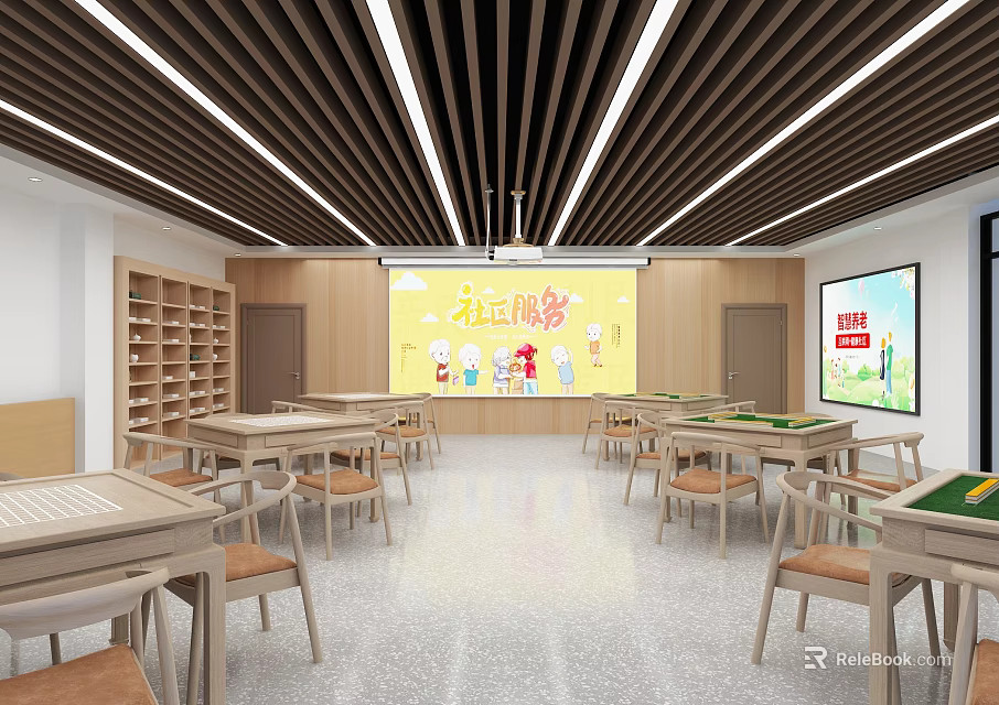 Cultural Center Interior With Tables Chairs And Decorations 3d model 