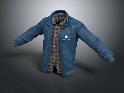 Blue Leather Jacket with Plaid Shirt and STAYHUB Logo Casual Fashionable Outerwear 3d model