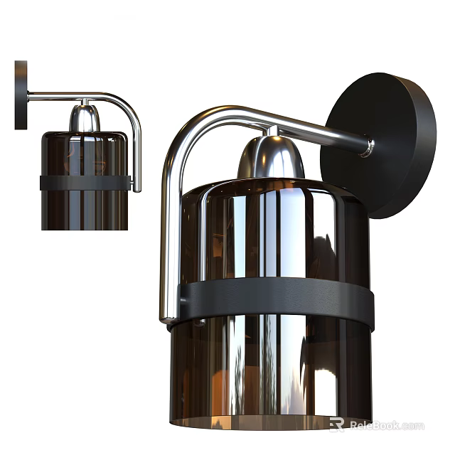 Modern Wall Lamp With Silver Metal Curved Arm Black Round Base And Brown Glass Shade 3d model 