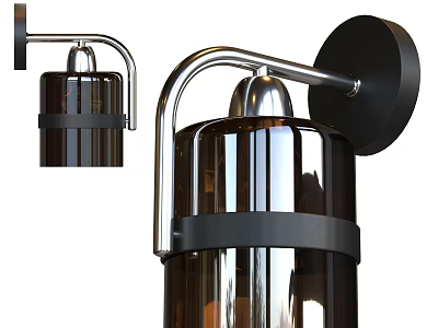 Modern Wall Lamp With Silver Metal Curved Arm Black Round Base And Brown Glass Shade 3d model