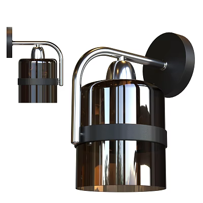 Modern Wall Lamp With Silver Metal Curved Arm Black Round Base And Brown Glass Shade 3d model