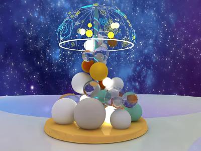 Decorative Sphere Sculpture With Colorful Balls Stacked On Yellow Base Against Starry Sky 3d model