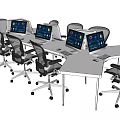 White Office Desk Setup With Multiple Computer Monitors And Black Office Chairs 3d model