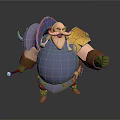 3D Fantasy Bearded Character Muscular Build Blue Armor Golden Shoulder Staff With Blue Gem
