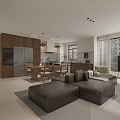 Modern Living and Dining Room With Wooden Table Sofa Staircase And Pendant Lights
