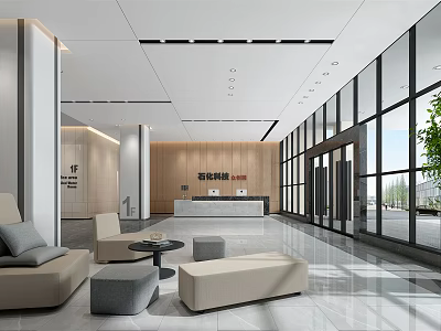 Modern Lobby Reception Desk With Wooden Backdrop Sofa Seating And Floor To Ceiling Windows 3d model